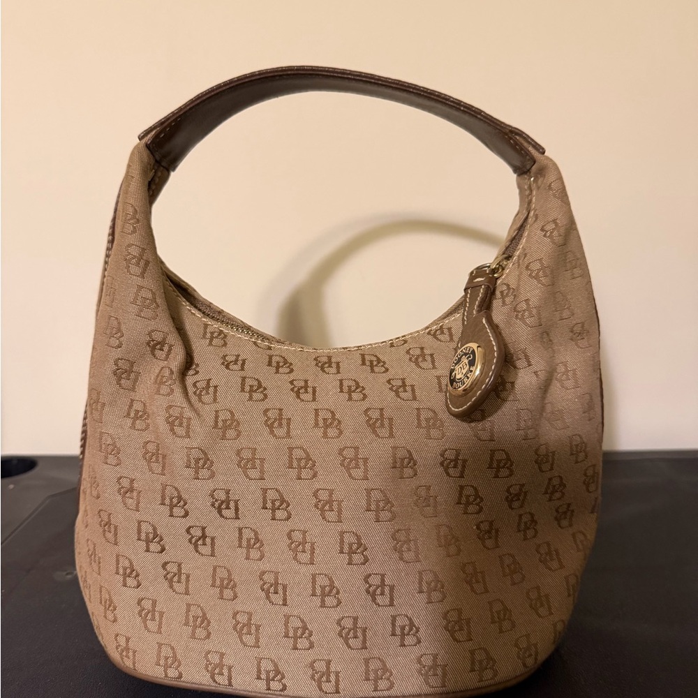 Dooney & Bourke Tan Logo-Print Hobo with Dark Brown Handle